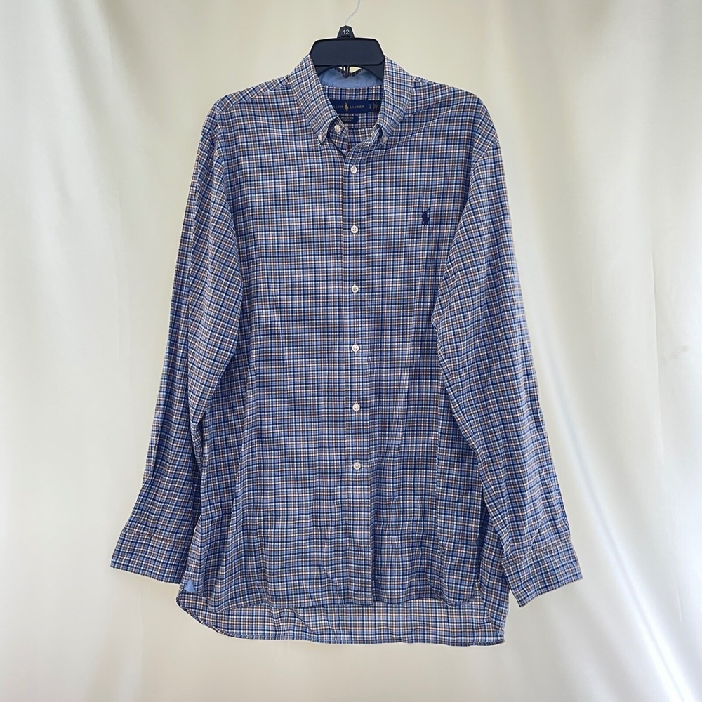 Polo Ralph Lauren Plaid Shirt Men L Blue Brown‎ Multicolor Long Sleeve Blue Pony